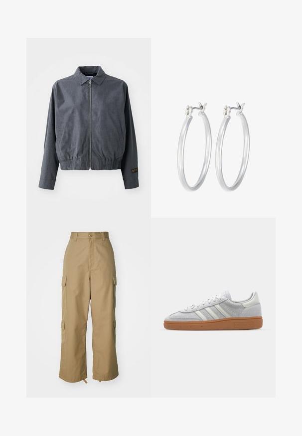 Sivá károvaná bomber bunda, ľahký materiál, zips, golier, elastický lem, bočné vrecká a kontrastný detail loga na rukáve.; Biely rebrovaný top s dlhým rukávom a okrúhlym výstrihom. Vyrobený z pružného materiálu, ktorý obopína telo. Obsahuje jemné horizontálne pruhy.; béžové cargo nohavice s vysokým pásom, širokými nohavicami a štyrmi veľkými bočnými vreckami. Vyrobené z odolnej tkaniny s hladkou textúrou a minimálnymi detailmi.; Svetlo šedé semišové tenisky s bielymi koženými akcentmi, tromi bielymi pruhmi a hnedou gumovou podrážkou, s polstrovaným golierom pre pohodlie.; Strieborné kruhové náušnice s hladkým, lesklým povrchom. Kolový tvar a bezpečné klikanie na uzatváranie. Ľahký dizajn vhodný na každodenné nosenie.