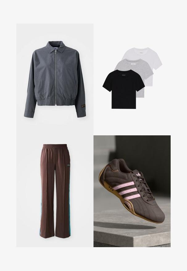 Hallide ruuduline bomberjakk, kerge kangas, tõmbluku sulgemine, krae, elastne äär, küljetaskud ja kontrastne logo detail varrukal.; Kollektsioon kolm lühikese varrukaga T-särki mustas, hallis ja valges värvitoonis. Valmistatud puuvillast, ümmarguse kaelusega ja lihtsa, ühevärvilise disainiga.; Pruunid spordipüksid, millel on soonikkoes, elastne vöökoht ja türkiissinised külje triibud. Esiosas on adidas logo.; Pruunist nahast sportlik king, millel on roosa triip ja logo, tekstureeritud ülemine osa, paeltesulgur ning kummist tallad.