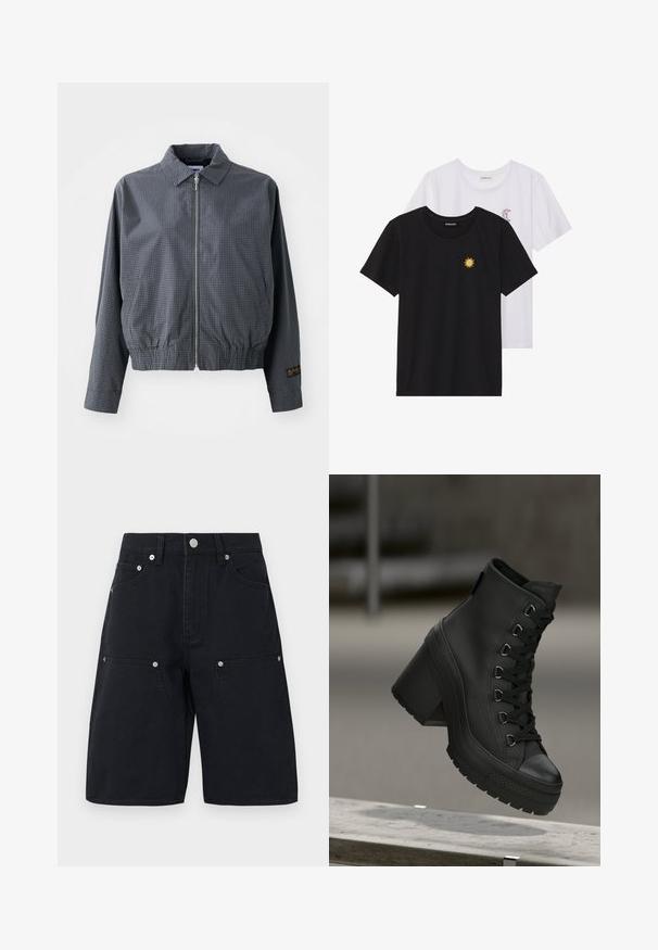 Grijze geruite bomberjack, lichtgewicht stof, ritssluiting, kraag, elastische zoom, zijzakken en contrasterend logo detail op de mouw.; Zwart-witte T-shirts, ronde hals, korte mouwen. Het zwarte shirt heeft gele zon-geborduurde details; het witte shirt heeft een purperen halve maan accent.; Zwarte denim shorts met een recht gesneden ontwerp, voorzien van twee zijzakken en zilveren hardware accenten. Gestructureerde stof met stiksels.; Zwarte hoge platformlaarzen van een gestructureerde leren afwerking, met veters aan de voorkant en een stevige hak. Voorzien van een rubberen zool met duidelijke looppatronen.