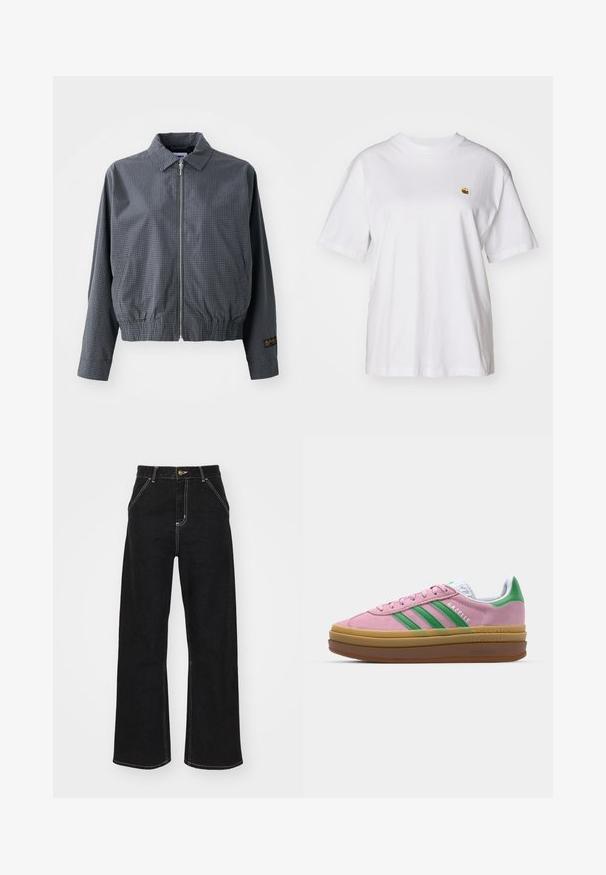 Szürke kockás bomberdzseki, könnyű anyag, cipzáras záródás, gallér, rugalmas derék, oldalsó zsebek, és kontrasztos logó részlet az ujjon.; Fehér pamut póló laza szabással, rövid ujjakkal és egy kis hímzett logóval a bal mellrészén.; Fekete, széles szárú farmernadrág, kontrasztos fehér varrással és elülső gombos záródással, két ferde elülső zsebbel.; Rózsaszín zamákból készült sportcipő zöld csíkokkal, fehér díszítéssel és barna gumi talppal. Texturált anyaggal és logóval ellátott részletekkel az oldalon.