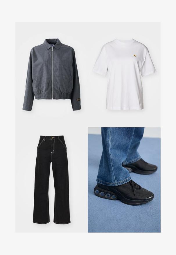 Gray checkered bomber jacket, lightweight fabric, zip closure, collar, elastic hem, side pockets, and contrasting logo detail on sleeve.; White cotton t-shirt with a relaxed fit, short sleeves, and a small embroidered logo on the left chest area.; Black wide-leg jeans made of denim, featuring contrasting white stitching and a front button closure, with two angled front pockets.; Black athletic sneakers with mesh upper, textured accents, and visible air cushioning pods in the sole. Worn with blue denim jeans.