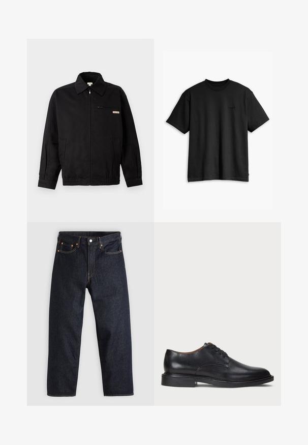 Calvin Klein Jeans JACKET - Sommerjakke - black; Svart bomull T-skjorte med rund hals og korte ermer. Har en subtil logo foran og en rett fald. Enkelt og minimalistisk design.; Mørkeblå denimjeans med rett snitt, fem lommer, kontrasterende oransjefarget søm, og glidelås med knapp. Ingen synlige mønster eller dekorasjoner.; Sorte skinnsko med rund tå, snøring og lav, stablet hæl. Glatt tekstur med minimale sømdetaljer.