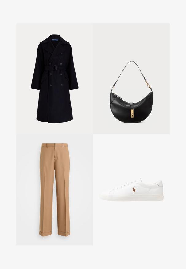 Tmavě námořnický vlněný dvouřadový trenčkot s širokými klopami, dlouhými rukávy, bočními kapsami a páskem v pase.; Svetle modrá košile na knoflíky s dlouhými rukávy a bílým kontrastním límcem. Vyznačuje se hladkou texturou a pěti předními knoflíky.; Béžové kalhoty na míru s rovnými nohavicemi, vyrobené z měkké tkaniny, s předním skladem a ohrnutými manžetami na lemu.; Bílé kožené tenisky, nízký střih, s hladkým povrchem, kulatou špičkou, šněrováním v přední části a malým vyšitým logem na boku.; Černá kožená kabelka ve tvaru půlměsíce. Obsahuje zlaté kovové detaily a úzký popruh. Hladký povrch, zapínání na zip na vrchu.