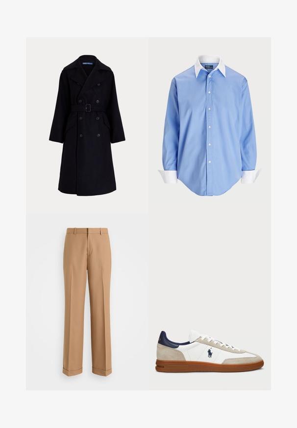 Tmavě námořnický vlněný dvouřadový trenčkot s širokými klopami, dlouhými rukávy, bočními kapsami a páskem v pase.; Svetle modrá košile na knoflíky s dlouhými rukávy a bílým kontrastním límcem. Vyznačuje se hladkou texturou a pěti předními knoflíky.; Béžové kalhoty na míru s rovnými nohavicemi, vyrobené z měkké tkaniny, s předním skladem a ohrnutými manžetami na lemu.; Bílé a béžové tenisky s svrchní částí z kůže a nubuku, námořnickými akcenty a hnědou gumovou podrážkou. Obsahují logo na boku a šněrovací design.