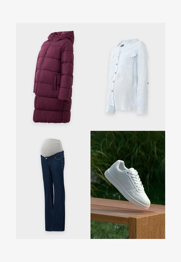 Casaco puffer bordô com capuz, apresentando um fecho frontal com zíper e bolsos laterais, confeccionado em material acolchoado e resistente à água.; Camisa de botão riscada azul claro com mangas longas, dois bolsos no peito e mangas arregaçadas fixadas por botões. Tecido suave e leve.; Jeans de maternidade feitos de denim azul escuro, com um painel de barriga elástico cinza, design de perna reta e bolsos frontais com detalhes metálicos.; Sapatilha branca com um cabedal sintético liso, caixa dos dedos perfurada, atacadores planos e uma sola texturizada, exposta sobre uma superfície de madeira.