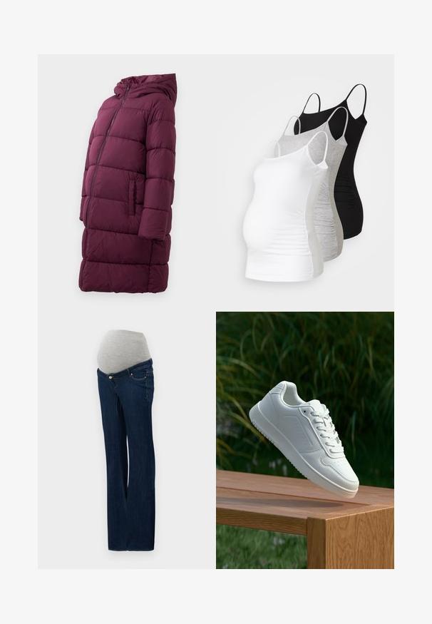 Bordo napihnjena jakna s kapuco, z sprednjim zadrgo in stranskimi žepi, izdelana iz prešite, vodoodporne tkanine.; Tri materinski topi brez rokavov v beli, sivi in črni barvi. Raztegljiv material z nastavljivimi naramnicami in nabranimi stranskimi šivi za udobje.; Nosečnosti hlače iz temno modrega jeansa, sivo elastično pasu, raven kroj in sprednji žepi z metalnimi detajli.; Bela teniska s gladkim sintetičnim zgornjim delom, perforiranim prednjim delom, ravnimi vezalkami in teksturiranim podplatom, prikazana na leseni površini.