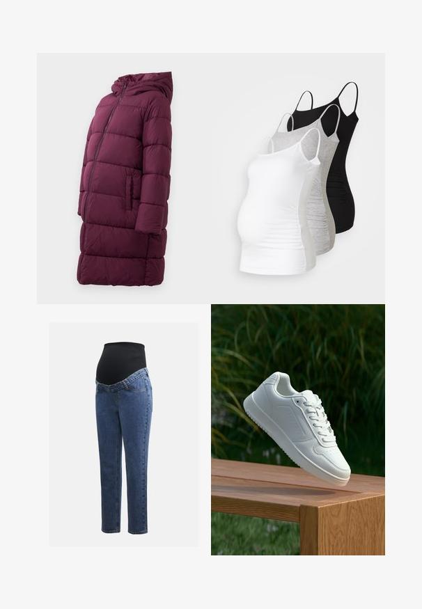 Burgundi színű puffertagló kapucnival, elülső cipzárral és oldalsó zsebekkel, steppelt, vízálló anyagból készült.; Három kismama tank top fehér, szürke és fekete színben. Rugalmas anyag, állítható pántokkal és beszegett oldals seams, hogy kényelmes viseletet biztosítson.; Kismamaruhák kék farmer lábakkal és fekete rugalmas haspanellel, amely a növekvő pocakot támogatja és fedi.; Fehér sportcipő sima szintetikus felsőrésszel, perforált lábujjrész, lapos fűzőkkel és texturált talppal, fából készült felületen kihelyezve.