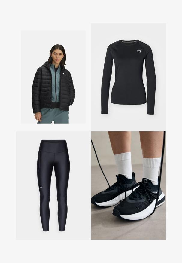 Musta untuvaparka hupulla, jossa on vaakasuora ommel ja logo vasemmassa rinnassa. Päälle puettu vaaleansiniselle vetoketjulliselle paidalle.; Musta pitkähihainen urheilupaita, joka on valmistettu sileästä kankaasta. Paidassa on pyöreä kaula-aukko ja pieni valkoinen logo vasemmalla rinnalla.; Mustat legginsit, jotka on valmistettu sileästä ja venyvästä materiaalista, korkealla vyötäröllä. Vasemmassa reidessä on valkoinen logo ja istuva muotoilu.; Mustat urheilukengät, joissa on teksturoitua kangasta, valkoiset pohjat ja mustat nauhat. Yhdistetty valkoisten urheilusukkien kanssa, seisten vaalealla pinnalla.