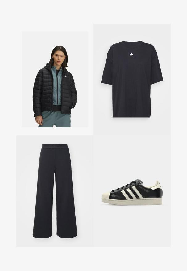Giubbotto imbottito nero con cappuccio, caratterizzato da cuciture orizzontali e un logo sul petto sinistro. Indossato sopra una maglia azzurra con zip.; T-shirt in cotone nero con maniche corte, scollatura rotonda, presenta un logo bianco Adidas sul petto. Design semplice, vestibilità rilassata.; Pantaloni felpati neri a gamba larga realizzati in tessuto morbido, con un elastico in vita e un piccolo logo sul lato sinistro.; Sneaker in pelle nera con strisce bianche, punta in gomma, lacci neri e suola di colore crema. Texture liscia con finitura brillante.