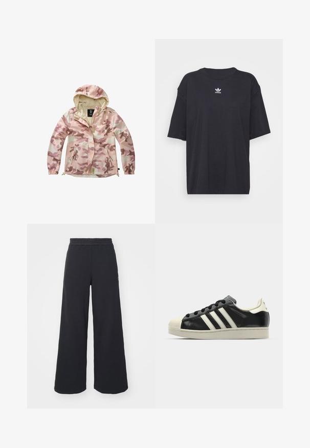 Lett rosa kamuflasjejakke med hette, glidelåslommer og elastiske mansjetter. Har en pustende innerfôr og snøring i kanten.; Svart bomull T-skjorte med korte ermer, rund halslinje, med en hvit Adidas-logo på brystet. Enkel design, avslappet passform.; Svart bukse med vid benvidde laget av myk stoff, med elastisk midjebånd og en liten logo på venstre side.; Svarte skinnsneakers med hvite striper, gummitopp, svarte lisser og en kremfarget såle. Glatt tekstur med blank finish.
