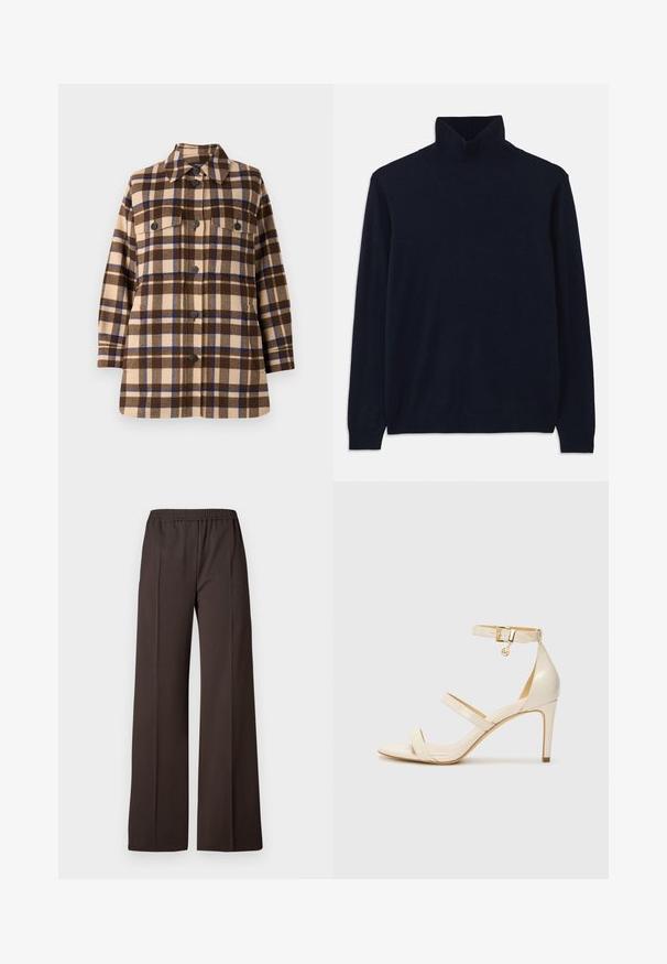 Veste chemise à carreaux marron et beige en tissu doux, dotée d'une fermeture à boutons, de deux poches poitrine et d'un design de col classique.; Chandail col roulé navy à manches longues, fabriqué en tissu tricot doux. Présente un col et des poignets côtelés, avec un design simple et sans motifs.; Pantalons à jambe large en tissu brun foncé avec une taille élastique, présentant une texture lisse et des lignes épurées pour un look soigné.; Sandales à talons beiges avec une fine bride de cheville et deux brides supérieures. Fini verni brillant et détails en métal doré sur la bride de cheville.