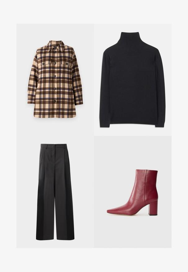 Pruuni ja beež õhuke särk-jakk, mis on valmistatud pehmest kangast, koos nuppude sulgemisega, kahe rinna(tasku)ga ja klassikalise kraediiga.; Must zwart pullovers, mis pehmeast kangast. Omab pikki varrukaid, kõrget kaelanupukest ning soonikute äärte ja alläärtega, et tagada mugav istuvus.; Mustad laiad püksid kõrge vöökohaga, millel on ees voldid, sile tekstuur ja õmmeldud viimistlus. Kujundatud lõdva istuvuse saavutamiseks.; Burgundi värvi nahast pahkliku saapad, millel on terav varvas, plokknükk ja siletekstuur, esitledes sujuvat disaini ilma nähtava riistvarata.