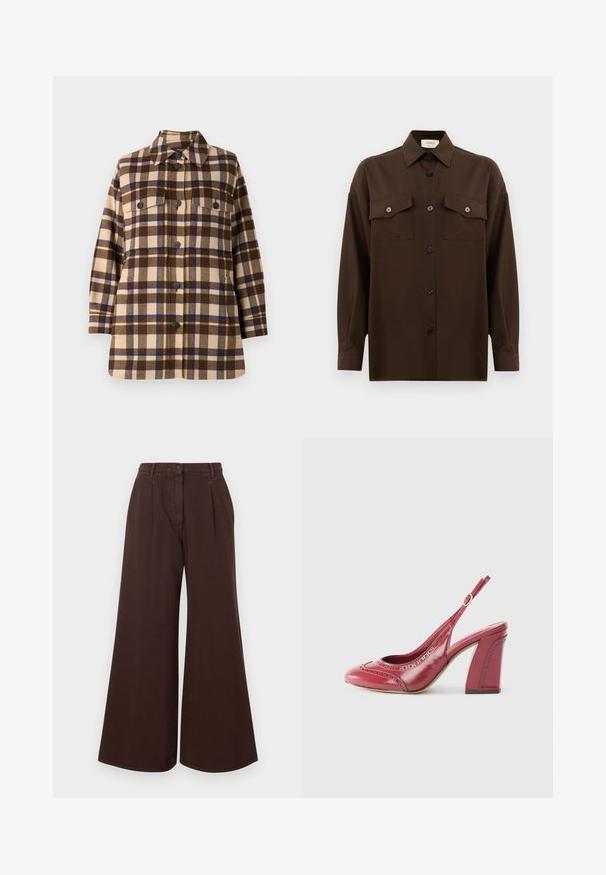 Braun- und beiger karierter Überwurf aus weichem Stoff mit Knopfverschluss, zwei Brusttaschen und einem klassischen Kragen.; Dunkelbraunes Langarmhemd mit Knopfleiste, zwei Brusttaschen mit Klappe und klassischem Kragen, vor einem schlichten weißen Hintergrund präsentiert.; Hochtaillierte, weit geschnittene, braune Hose mit Knopf- und Reißverschluss, Gürtelschlaufen und frontalen Falten.; Rotes Lackleder-Slingback-Absatzschuh mit dekorativen Perforationen, einer abgerundeten Spitze und einem stabilen Blockabsatz.