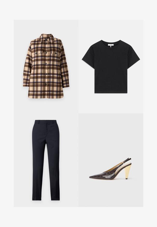Rjava in bež karirana srajčna jakna iz mehkega materiala, z gumbom za zapiranje, dvema žepoma na prsih in klasičnim oblikovanjem ovratnika.; Črni skrajšan majica iz bombaža, z okroglim izrezom, kratkimi rokavi in preprostim dizajnom brez vzorcev ali okrasnih elementov.; Zadnje hlače v mornarično modri barvi s ravnim krojem, ki imajo gladko teksturo, dve sprednji žepki in čisto pasnico.; Slingback peto s koničastim nosom, v temno rjavi sijoči umetni krokodilji usnjeni različici. Ima zlate geometrijske pete in nastavljiv ankel trak.