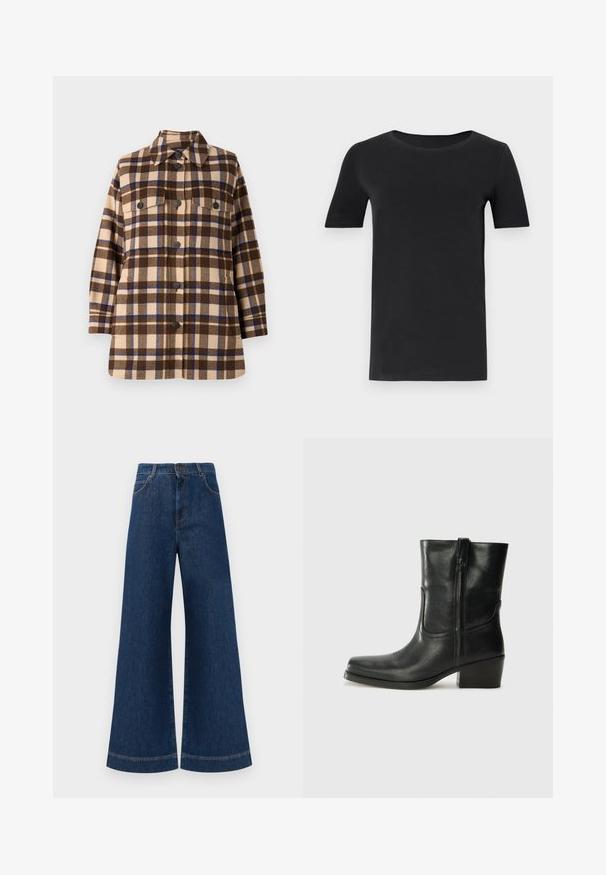 Camisa jaqueta em xadrez castanho e bege, feita de um tecido macio, com fecho de botão, dois bolsos no peito e um design de gola clássica.; Camisa preta de manga curta feita de algodão macio, com decote redondo e um corte clássico. Textura suave, sem padrões ou adornos.; Jeans azul de perna larga com cintura alta, apresentando um fecho de botão, passantes para cinto e detalhes de costura discretos ao longo dos bolsos e das bainhas.; Bota de tornozelo em couro preto com bico arredondado, salto bloco, fecho lateral e detalhes em costura na parte frontal. Textura suave, design clássico.
