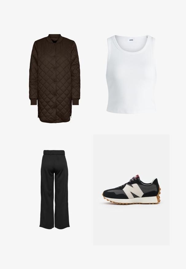 Vero Moda TRANSITIONAL JACKET - Ľahká bunda - coffee bean; Biely rebrovaný tielko s okrúhlym výstrihom, bez rukávov a krátkou dĺžkou. Štítok znie "JJXX." Hladká textúra látky.; Čierne široké nohavice s elastickým pásom, vyrobené z hladkej tkaniny. Majú jednoduchý dizajn, bez vreciek alebo viditeľných švíkov.; Čierne a sivé semišové tenisky s veľkým krémovým logom "N", fialovými šnúrkami a textúrovanou gumovou podrážkou.