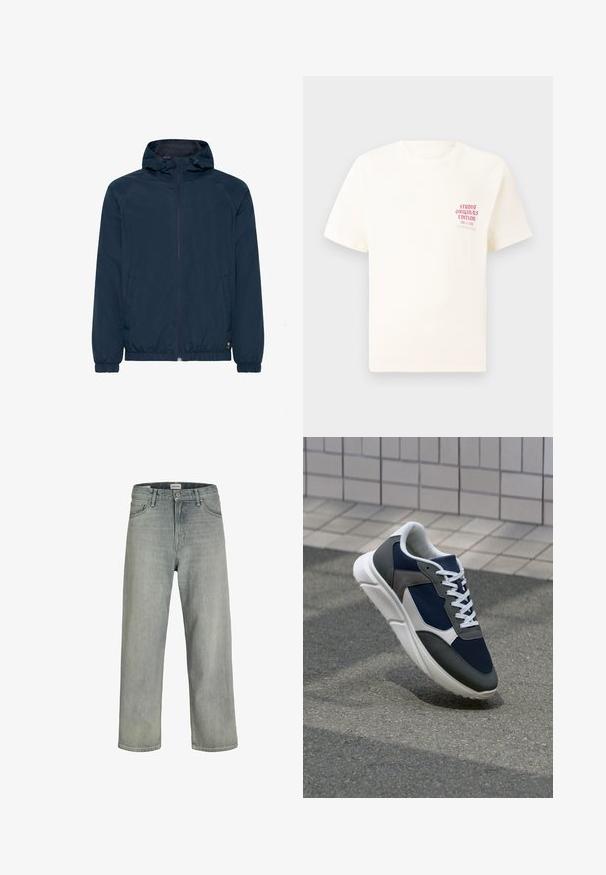 Jachetă cu glugă de culoare bleumarin, dotată cu fermoar complet, manșete elastice și glugă cu șnur. Fabricată dintr-un material ușor, rezistent la apă.; Tricou alb cu mânecă scurtă, având text roșu "Studio Originals Edition" pe partea stângă a pieptului, expus pe un fundal gri neutru.; Jeans decolorate, cu croială confortabilă, realizate din denim. Prezentă un design clasic cu cinci buzunare, bucle pentru curea și o siluetă dreaptă.; Adidași cu un uppers din plasă albastră închisă, accente din suede gri, talpă din cauciuc alb și șireturi plate albe, concepuți pentru confort și respirabilitate.