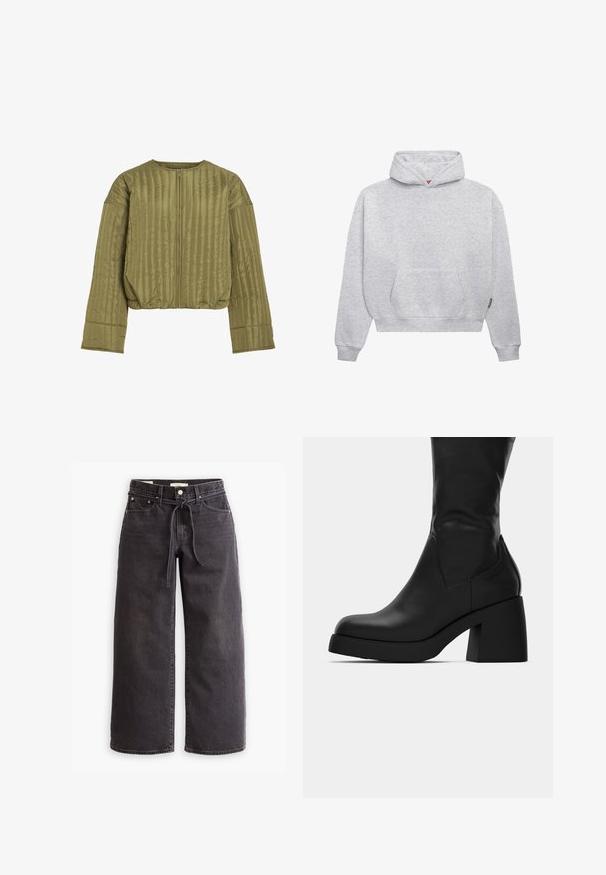 Giacca puffer verde oliva, con chiusura a zip, texture a costine, vestibilità corta e maniche ampie. Materiale morbido e leggero.; Felpa leggera grigia realizzata in morbido misto cotone. Caratterizzata da una tasca a marsupio, polsini a coste e un cappuccio con coulisse dal design minimalista.; Maglietta nera a maniche corte in morbido cotone, con scollo rotondo e vestibilità regolare, senza motivi o dettagli visibili.; Jeans neri a gamba larga in denim, con vita con coulisse, cinque tasche e dettagli di cuciture a contrasto. Design con davanti piatto.; Stivale in pelle nera a metà polpaccio con tacco largo e punta arrotondata, mostrato in profilo laterale su sfondo bianco.