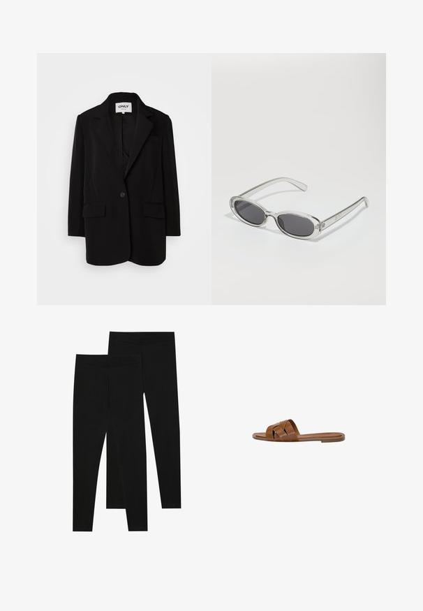 Sort blazer lavet af blødt stof, med klapkrave, enkelt knaplukning, to forlommer og en skræddersyet pasform.; To sæt langærmede turtleneck toppe, en hvid og en sort, lavet af et glat, strækbart stof, begge med slim-fit design og høje kraver.; Sorte leggings lavet af strækbart stof med en sømløs talje og en slim fit design, velegnet til afslappet brug eller træning.; Brun læder slide sandal med krydsede stropper, flad sål og en glat overflade. Enkel design uden udsmykninger eller mønstre.; Solsikker med oval form, klar plastramme, mørkegrå linser og tynde gennemsigtige arme med logovariationer og minimal detaljer.