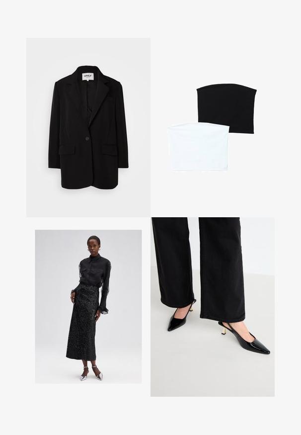 Čierny blejzer vyrobený z jemnej tkaniny, s klopou, jedným gombíkom, dvoma prednými vreckami a prispôsobeným strihom.; Dva bezšvové šály: jeden čierny a jeden biely. Obe sú vyrobené z mäkkej, elastickej látky a majú hladkú textúru bez vzorov.; Čierna blúzka s gombíkmi a priesvitnými rukávmi, v kombinácii s čiernou midi sukňou posiatej flitrami a striebornými lodičkami na vysokom opätku. Elegantný a textúrovaný dizajn.; Simmi London JUNE - Klasické lodičky na opätku - black