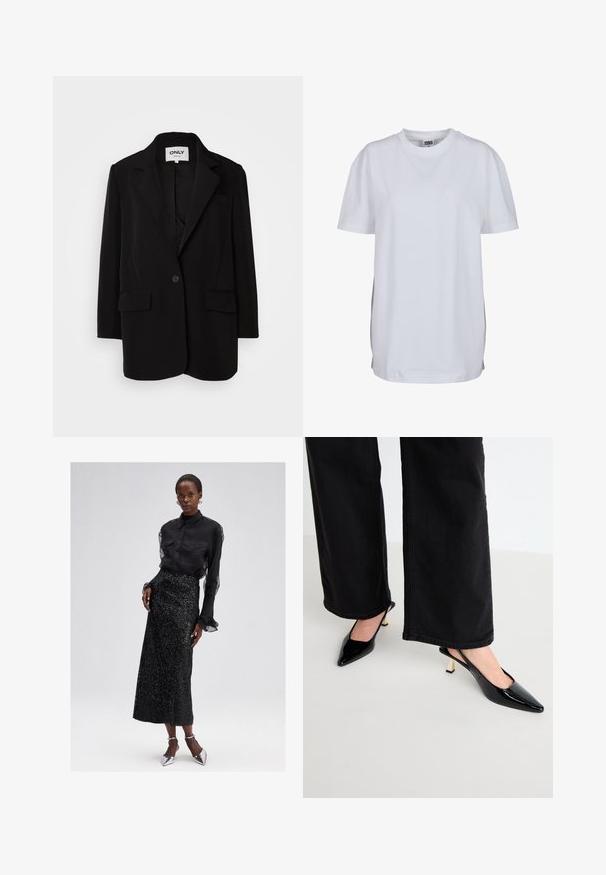 Blazer nero realizzato in tessuto morbido, con revers a corsa, chiusura con un solo bottone, due tasche frontali e una vestibilità sartoriale.; T-shirt bianco a maniche corte realizzato in cotone, con colletto rotondo e vestibilità rilassata, senza motivi o grafiche visibili.; Blusa nera con bottoni e maniche trasparenti, abbinata a una gonna midi nera con paillettes e scarpe con tacco alto argento. Design elegante e dalla texture ricercata.; Simmi London JUNE - Decolleté - black