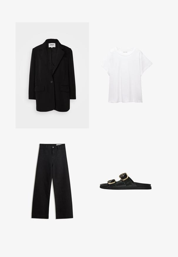 Schwarzer Blazer aus weichem Stoff, mit Reverskragen, einfachem Knopfverschluss, zwei frontalen Taschen und taillierter Passform.; Weißes T-Shirt aus weichem, leichtem Stoff. Mit runder Halslinie und kurzen, weit geschnittenen Ärmeln für einen lässigen Sitz. Keine sichtbaren Muster.; Schwarze weit geschnittene Jeans mit hoher Taille, ausgestattet mit Vorder- und Hintertaschen, gesteppten Nähten und einem Knopfverschluss. Glatte Textur.; Schwarze Riemensandale mit zwei goldenen Schnallendetails, glattem Material, flachem Sohlen und minimalistischer Gestaltung.