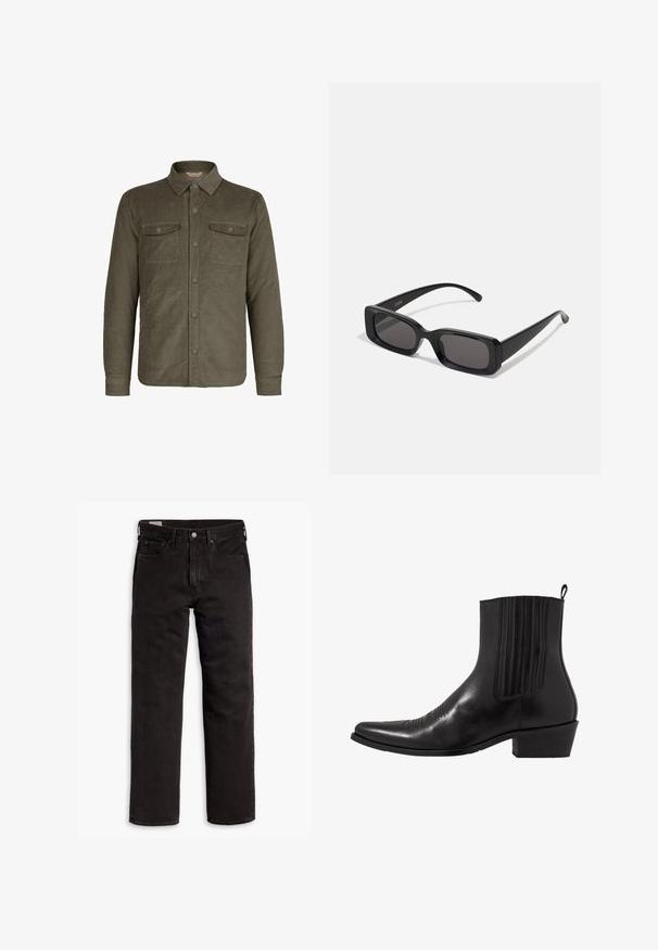 Olivgrön kordjursjacka med krage, framknäppning med knappar och två bröstfickor med knappar.; Vit långärmad skjorta med knappar gjord av mjukt tyg. Har en klassisk krage, framknappar och ärmändar med en knapp. Slim fit-design.; Svarta raka denimjeans med fem fickor, knappstängning och bälteshällor, liggande plant på en vit bakgrund.; Svart läderankelboot med spetsig tå, elastiska sidopaneler, vertikala sömnadsdetaljer och en låg blockklack.; Svarta rektangulära solglasögon med mörka linser, glänsande yta, breda skalmar och en gedigen ramdesign. Graverat märke på ena skalmen.; Burgundy silkeslips, smal form med en solid struktur. Har en spetsig ände, enhetlig färg och en slät yta.