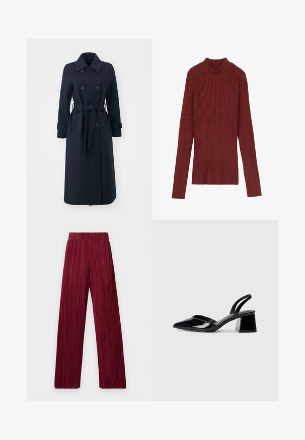 Marineblauwe trenchcoat van een wolblendstof, met een dubbelzijdige voorkant, een ceintuur in de taille en zijzakken.; Gestreepte, kastanjebruine coltrui met lange mouwen en een aansluitende pasvorm. Zachte textuur, minimalistisch ontwerp en geen zichtbare hardware.; Bordeaux kleurige plooibroek met wijd gesneden pijpen en een elastische tailleband. De stoffen zijn textuur met verticale strepen. Rechte snit tot aan de zoom.; Zwarte gepatineerde leren slingback hakken met een spitse neus en een geometrische blokhak. Kenmerkt zich door een slank, minimalistisch ontwerp en een gladde textuur.