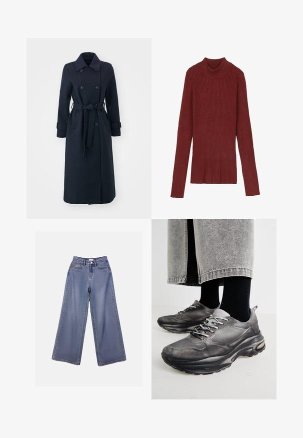 Marineblauer Trenchcoat aus Wollmischgewebe mit doppelter Knopfleiste, tailliertem Gürtel und seitlichen Taschen.; Rippentierter, kastanienroter Rollkragenpullover mit langen Ärmeln und figurnahem Schnitt. Weiche Textur, minimalistisches Design und keine sichtbaren Beschläge.; Weite Denim-Jeans in einer hellblauen Wäsche, mit hoher Taille, Fronttaschen und einem Knopfverschluss mit Gürtelschlaufen.; Schwarze und graue Sportschuhe verfügen über ein Obermaterial aus Mesh, dicke Sohlen und Schnürsenkel. Sie haben eine abgerundete Zehenpartie und sichtbare Dämpfungsdetails.