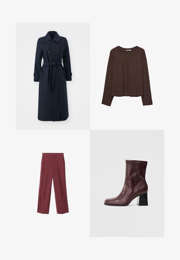 Marineblauer Trenchcoat aus Wollmischgewebe mit doppelter Knopfleiste, tailliertem Gürtel und seitlichen Taschen.; Brauner Pullover mit lockerer Passform, geripptem Kragen und langen Ärmeln. Glatte Textur mit abgerundetem Saum und ohne sichtbare Muster oder Akzente.; Weinrote Hose mit weitem Bein aus glattem Material, ausgestattet mit seitlichen Taschen und einem hohen Taillendesign. Mit einem klaren vorderen Bügel gefaltet.; Burgunderfarbene Leder-Stiefelette mit quadrater Zehenpartie und geripptem Knöchelbund, ausgestattet mit einem kräftigen schwarzen Blockabsatz mit horizontalen Rillen.