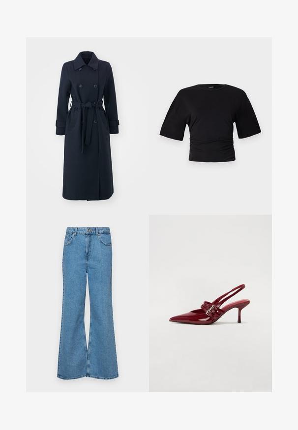 Mornarsko modra trench plašč iz mešanice wolne, z dvojno zadrgo, pasom in stranskimi žepi.; Gina Tricot SOFT TOUCH RUCHED TEE - Navadna majica - black; Svetlo modri razširjeni džins hlače iz denima, z visokim pasom, petimi žepi in enim gumbom za zapiranje. Mehka tekstura z blagim zbledelim videzom.; Rde lakirane sandalete na peto s ostrim nosom, dvema sponkami in tanko, srednje visokim peto središče. Gladka tekstura.