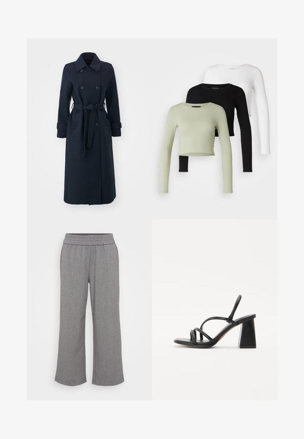 Mornarsko modra trench plašč iz mešanice wolne, z dvojno zadrgo, pasom in stranskimi žepi.; Even&Odd Petite 3 PACK - Majica z dolgimi rokavi - black/white/light green; Sive široke hlače iz teksturiranega materiala z elastičnim pasom. Imajo subtilen vzorec brez žepov ali zapiranj.; Črne sandale s peto v obliki kvadrata, s široko peto in več tanjšimi trakovi čez stopalo ter odprtim dizajnom hrbta. Gladka usnjena tekstura.
