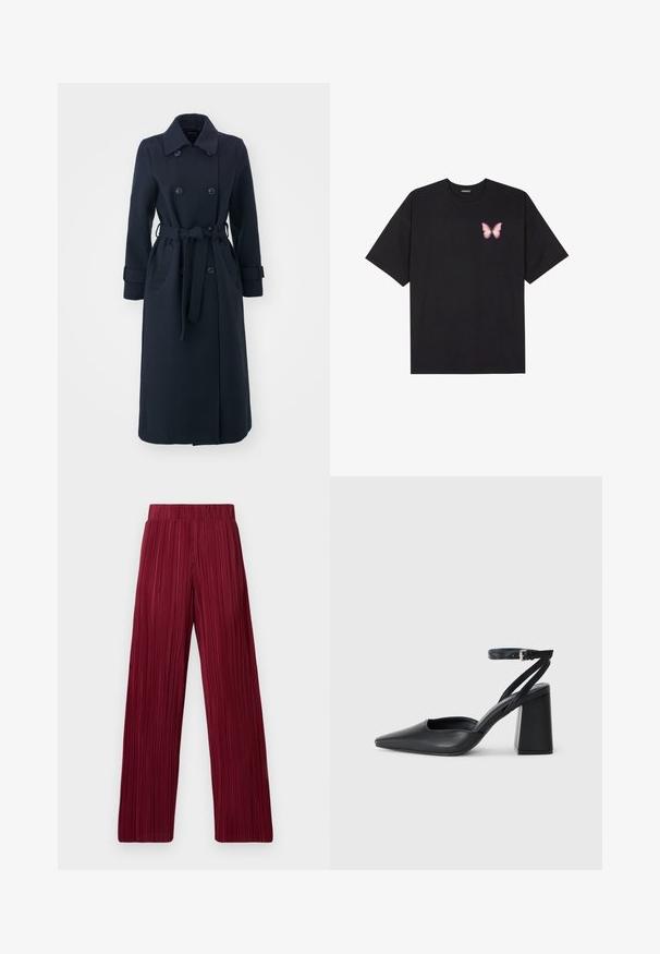 Granatowy trencz wykonany z mieszanki wełny, z podwójnym zapięciem z przodu, paskiem w talii oraz bocznymi kieszeniami.; Czarny bawełniany t-shirt z krótkim rękawem, z małym różowym motylkiem na lewej piersi. Klasyczny dekolt z luźnym fasonem.; Bordowe, plisowane spodnie z szerokimi nogawkami i elastycznym pasem. Teksturowana tkanina z pionowymi paskami. Prosty krój do wykończenia.; Czarne skórzane czółenka z ostrym noskiem, z paskiem na kostce i grubym obcasem. Gładka faktura, elegancki design i minimalistyczna estetyka.