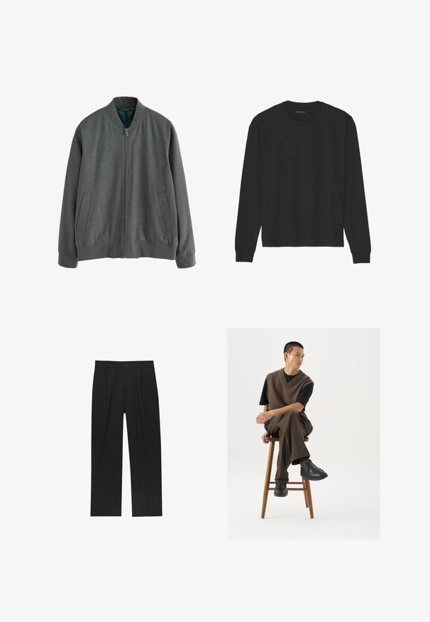 Gray bomber jacket with a zip-front, ribbed cuffs and hem, and two side pockets. Made of textured fabric with a smooth interior lining.; Black long-sleeve t-shirt made from soft cotton. Features a crew neckline and ribbed cuffs, with a relaxed fit and no patterns or graphics.; Black pants with a straight-leg design, made from a smooth fabric. Features front pleats and a single button closure at the waist.; Brown knitted vest over a black t-shirt, paired with brown wide-leg trousers and black chunky shoes, seated on a wooden stool.