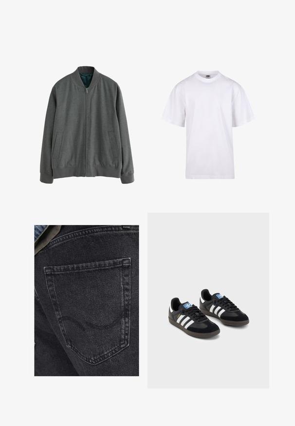 Jachetă bomber gri cu fermoar frontal, manșete și tiv ribbed, și două buzunare laterale. Confectionată dintr-un material texturat cu o căptușeală interioară netedă.; Tricou alb din bumbac, cu guler rotund, mâneci scurte și croială lejeră. Dispune de un design simplu, fără modele sau accente.; Jeans din denim negru cu un buzunar din spate cu detalii subtile de cusătură. Textura este ușor uzată, având un finisaj moale și estompat.; Tenisi negri cu superior din suede și sintetic, având trei dungi albe, talpă din cauciuc texturat și etichetă albastră cu logo pe limbă.