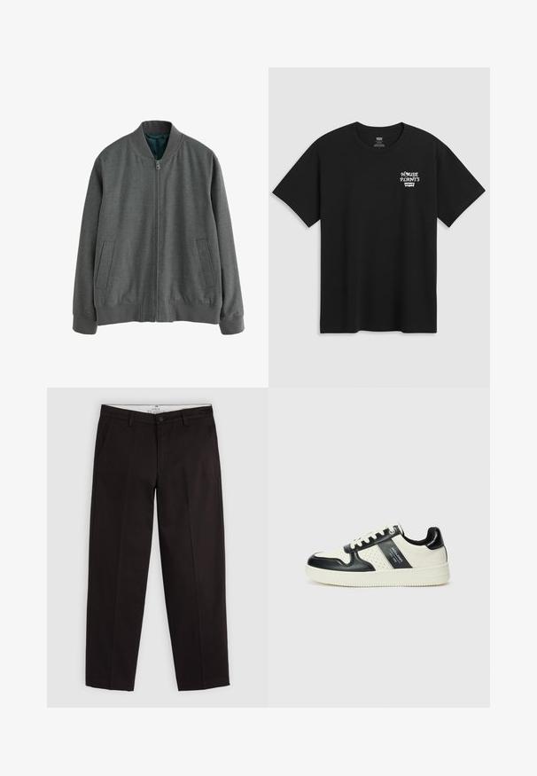 Veste aviateur grise avec fermeture éclair à l'avant, poignets et ourlet côtelés, et deux poches latérales. Fabriquée en tissu texturé avec une doublure intérieure douce.; T-shirt noir en coton avec un imprimé sur la poitrine portant la mention "PLANTES D'INTÉRIEUR" en police stylisée blanche, avec "Levi's" en dessous. Encolure classique. ; Chinos noirs à jambes droites avec passants de ceinture, fermeture à bouton et poches latérales, présentés sur un fond gris clair.; Baskets en cuir avec un schéma de couleurs noir et crème, dotées d'accents perforés, d'un col rembourré et d'une semelle texturée.