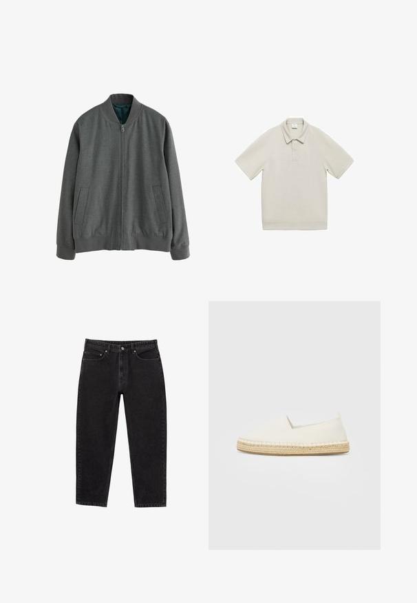 Veste aviateur grise avec fermeture éclair à l'avant, poignets et ourlet côtelés, et deux poches latérales. Fabriquée en tissu texturé avec une doublure intérieure douce.; Mango Polo - grey; Jean en denim noir à taille haute, coupe droite, avec fermeture à bouton à l'avant, zip, passants de ceinture et conception à cinq poches.; Espadrille blanche en toile avec une semelle en jute, bout rond et côtés élastiques pour un enfilage facile. Design plat, style minimaliste.