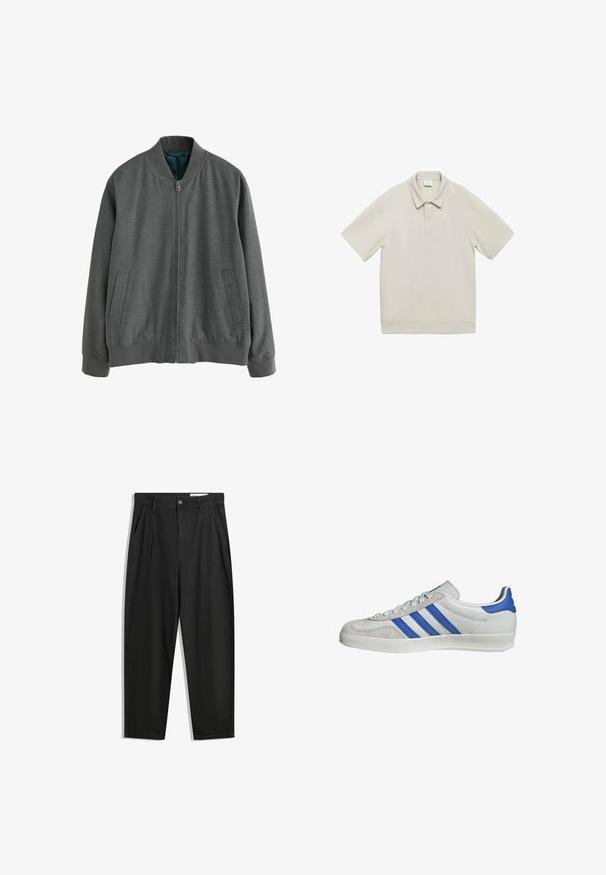 Graue Bomberjacke mit einem Reißverschluss vorne, gerippten Bündchen und Saum sowie zwei seitlichen Taschen. Hergestellt aus strukturiertem Stoff mit einem glatten Innenfutter.; Mango Poloshirt - grey; Schwarze Baumwollhose mit lockerem Schnitt, ausgestattet mit einem klassischen Bund, vorderen Falten und Seiten taschen. Glatte Textur ohne Muster.; Weiße Sneaker mit blauen und grauen Akzenten, ausgestattet mit drei markanten Streifen, Schnürung vorne und einer strukturierten Sohle.