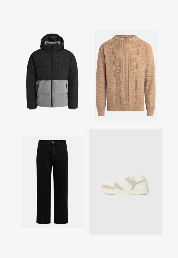 Bunda do deště typu puffer s černou horní částí a šedou dolní částí, s kapucí, předním zipem a kapsou na hrudi, vyrobená z izolačního materiálu.; Beige pletený svetr s texturovanými vzory. Má kulatý výstřih, žebrované manžety a různorodé kabelkové pletené vzory na přední straně.; Černé džíny s rovnými nohavicemi, klasickým pětipocketovým designem a knoflíkovým zapínáním v pase. Hladká textura a odolná látka.; Bílo-beige tenisky s kombinací hladkého a semišového materiálu, kulatou špičkou, šněrováním a plochou gumovou podešví.