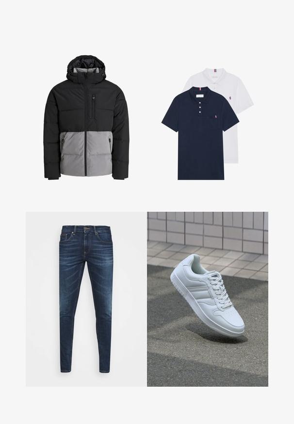 Daunenjacke mit schwarzem Oberteil und grauem Unterteil, ausgestattet mit Kapuze, Frontreißverschluss und einer Brusttasche, aus isoliertem Material gefertigt.; Zwei Poloshirts: eines in marineblau und eines in Weiß, beide mit einem kleinen rot, weiß und blauen Akzent auf der Brusttasche und dem Kragen.; Dunkelblaue Jeans im Slim Fit mit subtiler Verwaschung, fünf Taschen und einem Metallknopfverschluss. Genähte Akzente in kontrastierender Farbe.; Weiße sportliche Sneaker mit Obermaterial aus glattem Leder, Schnürfront, durchlöchtem Zehenbereich und gemusterter Sohle. Minimalistisches Design mit drei Seitenstreifen.