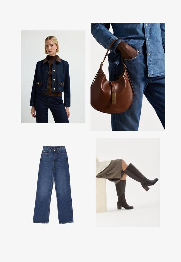 Tmavě modrá džínová bunda s hnědým semišovým límcem, zlatými knoflíky a dvěma předními kapsami. Krátký design s kontrastním prošíváním.; Dvě bezrukávové žebrované roláky v hnědé a černé barvě, vystavené na bílém pozadí.; Svetle modré džíny s širokými nohavicemi a vysokým pasem, se zapínáním na knoflík, pěti kapsami a jemným vyblednutím na látce.; Hnědé kožené vysoké boty po kolena se čtveratou špičkou, robustním podpatkem a bočním zipem. Hladký povrch s lesklým povrchem.; Hnědá kožená hobo taška zaobleného tvaru, se zlatým kováním a kontrastním prošíváním. V kombinaci s džínovou košilí a džíny.