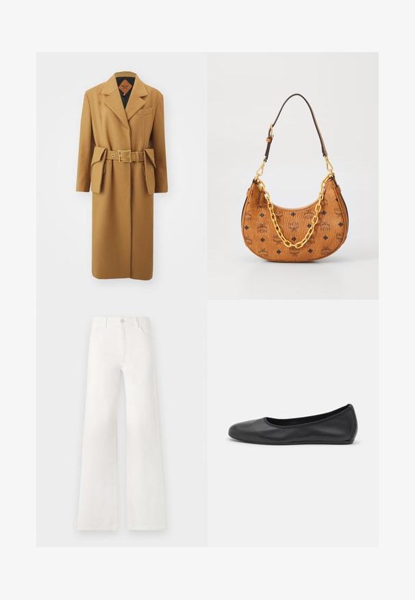 MCM BELT COAT - Klassisk frakke - cognac; Beige strikket sweater med dyb V-hals, lange ærmer og et tætsiddende talje med to store runde knapper fortil.; Ærmeløs turtleneck-top med lodrette sorte og hvide striber, lavet af en struktureret strikket stof, med en høj, tætsiddende krave.; Hvide, højtaljede bukser med bred ben lavet af denim. Har en knaplukning, to forlommer og sidesømme med syningsdetaljer.; Sort læderballetsko med rund tå, glat tekstur, minimal syning og et fleksibelt såldesign.; Brun læder halvmåneformet håndtaske med sorte MCM-logoer, guld kædedetalje og justerbar skulderrem på hvid baggrund.