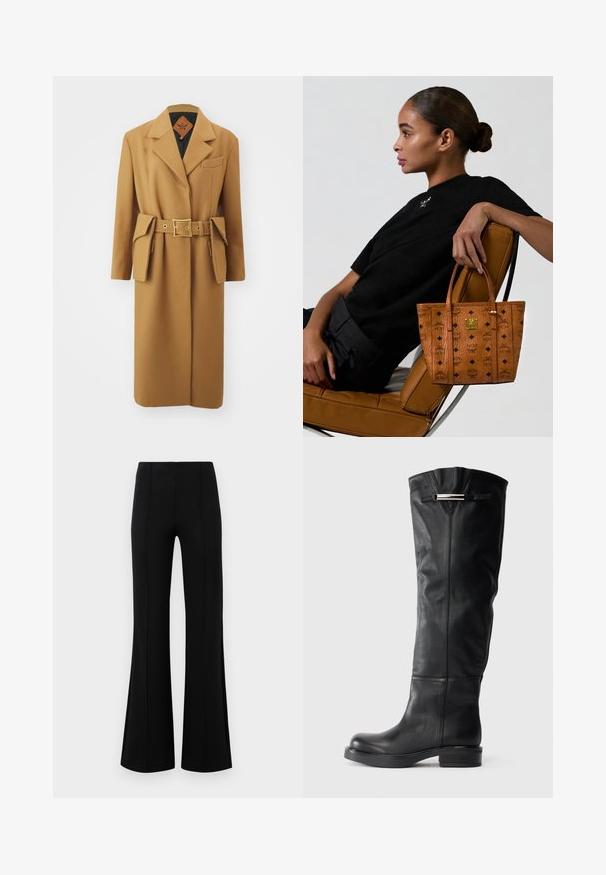 MCM BELT COAT - Cappotto classico - cognac; Top nero a maniche corte in maglia con scollo rotondo. Presenta una sottile lavorazione a coste sulle maniche e sull'orlo, realizzato in un tessuto liscio.; Pantaloni neri a zampa d'elefante con vita alta, realizzati in tessuto elastico. Presentano dettagli di cucitura verticale nella parte anteriore e una texture liscia.; Stivali neri in pelle alto fino al ginocchio con una texture liscia, punta arrotondata e tacco basso a blocco. Presentano un accento argento sulla parte superiore.; Donna con i capelli raccolti in una crocchia è seduta di lato su una sedia in pelle beige, mentre tiene in mano una borsa a tracolla beige con motivi e loghi neri e un'emblema dorato.
