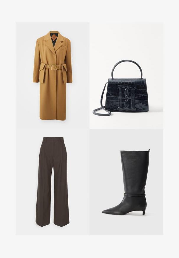 MCM BELT COAT - Classic coat - cognac; Black turtleneck sweater made of soft fabric, featuring ribbed accents at the collar and cuffs, with a relaxed fit and side slits.; Dark brown wide-leg trousers with a high waist, featuring neatly pressed creases, smooth texture, and a tailored fit.; Black leather knee-high boot with a pointed toe, accented by a circular strap around the ankle and a low, tapered heel. Smooth texture.; Black crocodile-embossed leather handbag with a structured design, top handle, adjustable strap, and a prominent front logo detail.