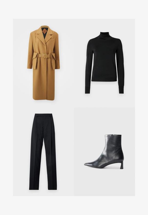 MCM BELT COAT - Cappotto classico - cognac; Pullover nero a maniche lunghe con collo alto, rifinito con polsini e orlo a coste, mostrato su uno sfondo bianco semplice.; Pantaloni neri realizzati in tessuto morbido, caratterizzati da vita alta, gambe larghe, pince frontali e classiche passanti per cintura. Non ci sono tasche laterali visibili.; Stivaletto in pelle nera con punta affusolata e design elegante. Presenta un tacco basso e una chiusura con zip sul retro. Texture liscia.