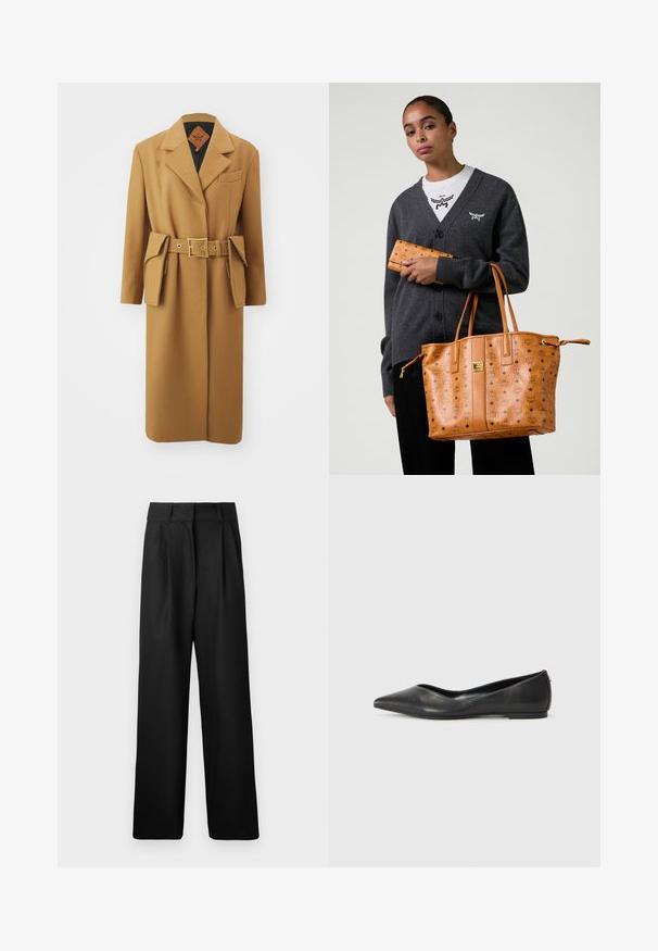 MCM BELT COAT - Klassisk frakke - cognac; Hvid bomuld t-shirt med et lille sort logo med vinger og "MCM" i midten på fronten. Korte ærmer og rund hals.; Sorte vide bukser med en glat tekstur, med forkørsler og høj talje design. Fremstillet af et let stof.; Sorte læder balletlejersko med spids tå, lav hæl og glat overflade. Minimalistisk design med en diskret sideaccent.; Kvinde iført en mørkegrå cardigan og hvid skjorte, som holder en lys læder tote taske og en matchende pung med logo-print.; Tan læderpung med sorte MCM-logoer, der har en klaplukning og diamantmønster accenter. Tekstureret overflade med syede kanter.