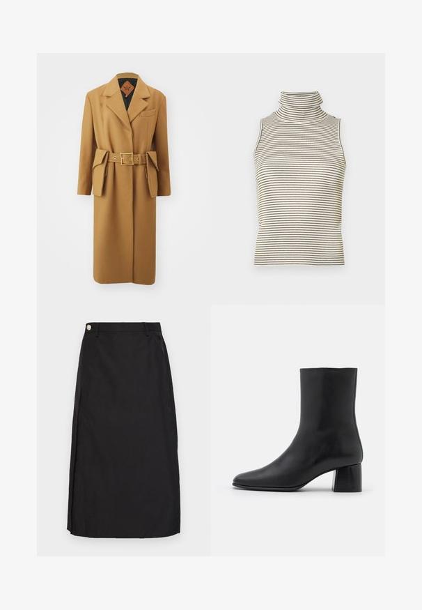MCM BELT COAT  - Klasický kabát - cognac; Halenka bez rukávov s vysokým golierom a vertikálnymi čierno-bielymi pruhmi, vyrobená z textúrovanej pleteniny.; Čierna sukňa po kolená vyrobená z hladkej tkaniny, s predným rozparkom a kovovým gombíkom ako akcentom na páse.; Čierna kožená členková čižma s špicatou špičkou a masívnym štvorcovým podpätkom. Hladká textura s bezšvovým dizajnom a minimalistickým prešívaním.
