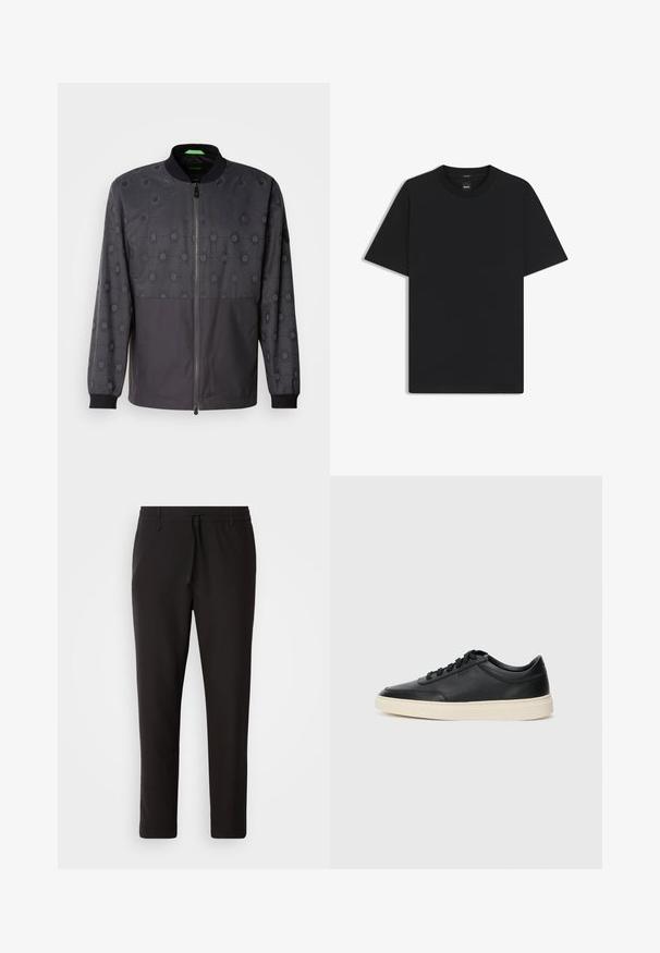 Men's jacket in dark gray featuring hexagonal patterns, a zip front, ribbed cuffs, and a smooth texture. Breathable material.; Black short-sleeve T-shirt made from a smooth cotton blend, featuring a crew neckline and a minimalistic design with no patterns or accents.; Black jogger pants made of smooth fabric. Feature an elastic waistband with a drawstring, tapered legs, and no visible pockets. Simple design.; Black low-top leather sneaker with black laces and off-white sole shown in side profile on white background.