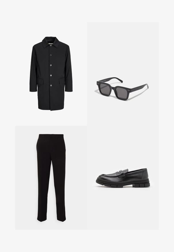 Abrigo negro de corte recto, hecho de tejido liso, con cuello puntiagudo, cierre frontal de botones y dos bolsillos laterales.; Suéter de punto color beige claro con un patrón texturizado tipo gofre. Presenta un cuello alto y manguitos y dobladillo acanalados. Tejido suave de peso medio.; Pantalones negros de corte recto, con una textura suave y sin patrones o herrajes visibles. Diseño clásico con una silueta limpia.; Mocasines de piel negra con un acabado suave, que presentan un detalle de correa en la parte delantera y una suela de goma gruesa con acentos acanalados.; Gafas de sol rectangulares negras con lentes oscuros, que presentan un marco grueso, acentos sutiles en los lados y sin logotipos visibles más allá del nombre de la marca.