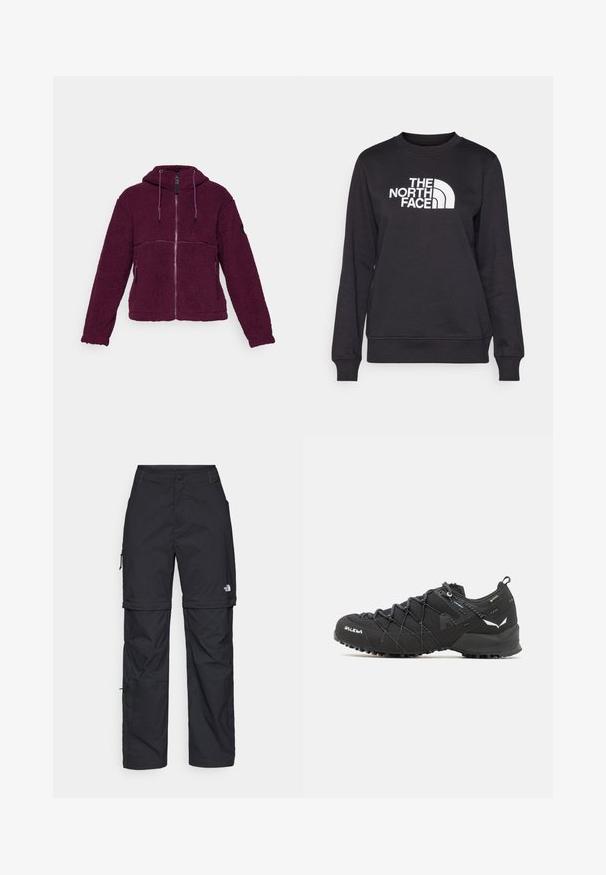 Puchowy fioletowy polarowy kurtka z zamkiem z przodu, kapturem i regulowanymi sznurkami. Posiada boczne kieszenie i strukturalny materiał.; Czarny sweatshirt z okrągłym dekoltem, długimi rękawami, ściągaczami przy mankietach oraz białym logo "The North Face" umieszczonym na środku przodu. Gładka tekstura.; Czarne nylonowe spodnie cargo z odpinanymi nogawkami, regulowanymi mankietami, wieloma kieszeniami oraz logo na prawej nogawce. Gładka, lekka tekstura.; Czarne buty trekkingowe z teksturowaną cholewką z tkaniny, systemem sznurowania i wytrzymałą gumową podeszwą. Udekorowane odblaskowymi detalami i logo.